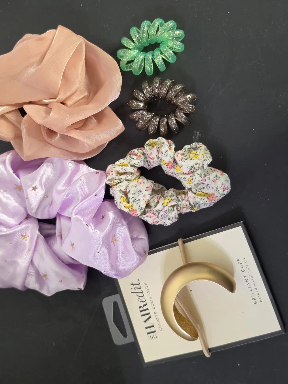 Assorted Hair Scrunchie & Spiral Set - Purple, Peach, Floral, Green, Brown